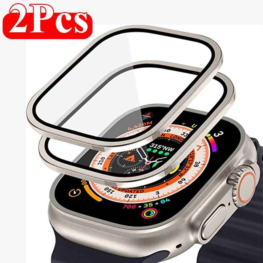 Smartwatch Case - 傷防止スクリーンプロテクター,iwatch ultra 2用,アルミニウム合金ケース,強化ガラス,49mm,カバーフィルム,2個
