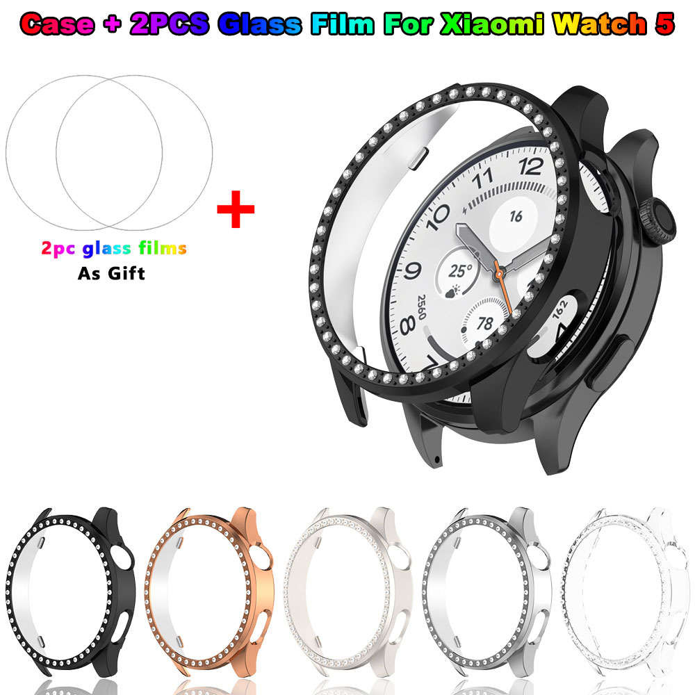 Xiaomi Smartwatch Accessories - キラキラ光るPCケース+ガラスフィルム Xiaomi Watch 5用 ダイヤモンドバンパープロテクターフレームシェルカバー Xiaomi