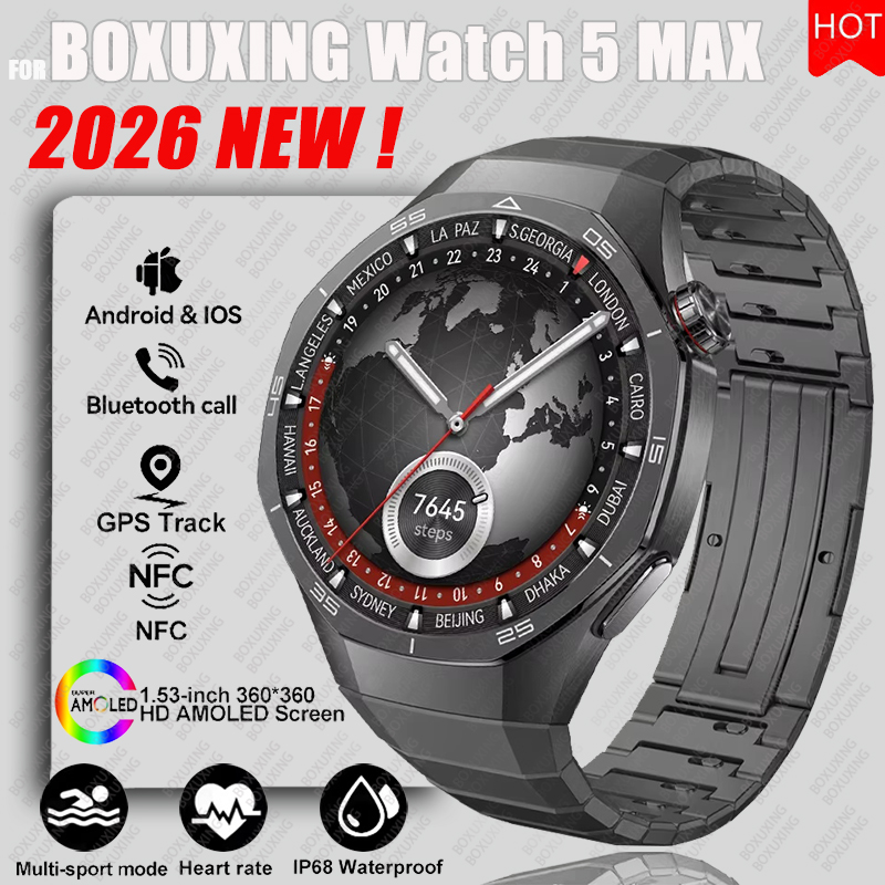 Smartwatch Face - 2026年新型BOXUXING Watch 5 MAXスマートウォッチ、HD AMOLEDスクリーン、NFC、GPSトラッカー、Bluetooth通話、健康防水機能搭載、男女兼用スマートウォッチ
