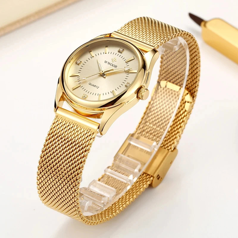 Stainless Mesh Band - WWOOR 高級ブランドドレスゴールド腕時計レディースエレガントなダイヤモンド小型クォーツ腕時計女性用スチールメッシュ時計 zegarek damski